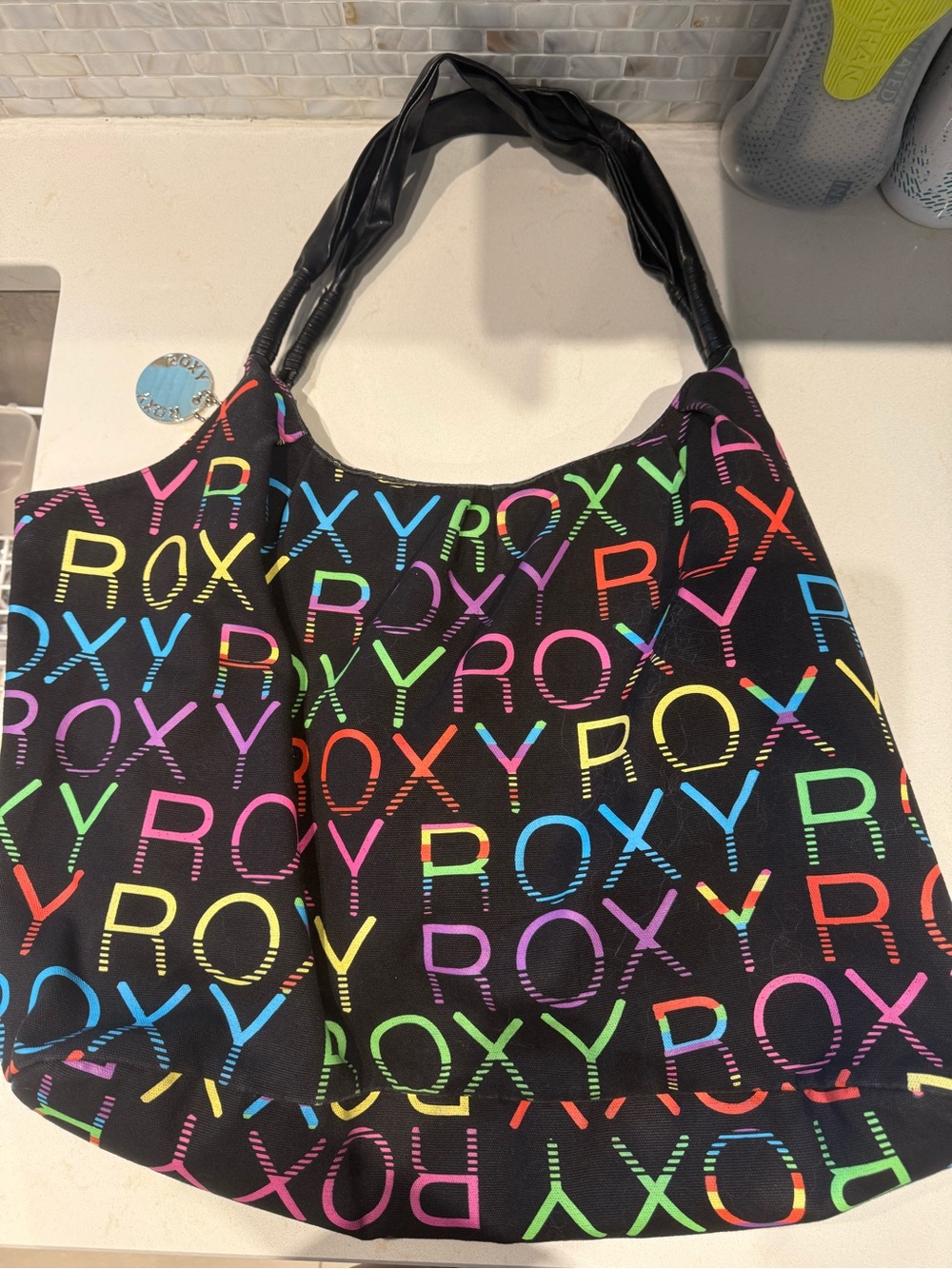Roxy Black Multicolor Logo Tote - Rainbow Print